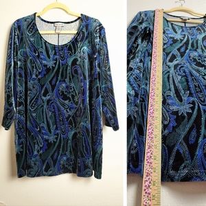 Catherine's Burnout Velvet Paisley Tunic Top 1X 18/20W Blue 3/4 Sleeve